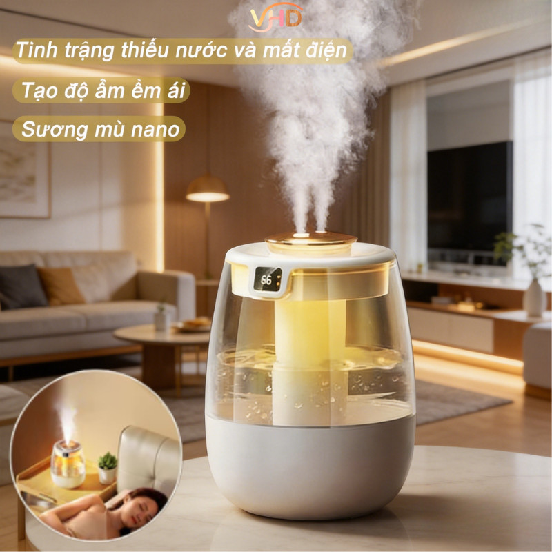 Máy Tạo Ẩm Không Khí Phun Sương Kép, Màn Hình LED Hiển Thị Độ Ẩm, Đèn ngủ tạo độ ẩm phun sương mini, Khử trùng phòng ngủ
