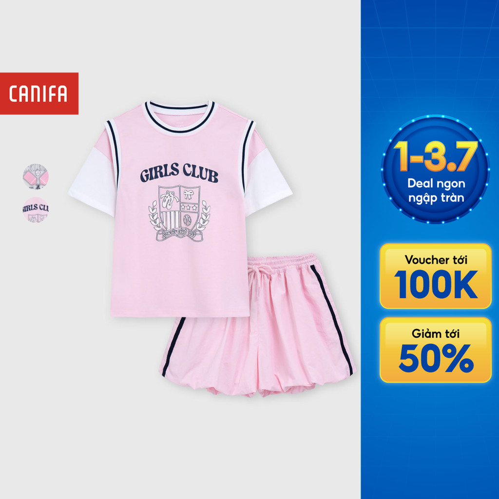 Bộ quần áo ngắn tay bé gái CANIFA quần dáng bí phong cách thể thao năng động cá tính 1ST26S002