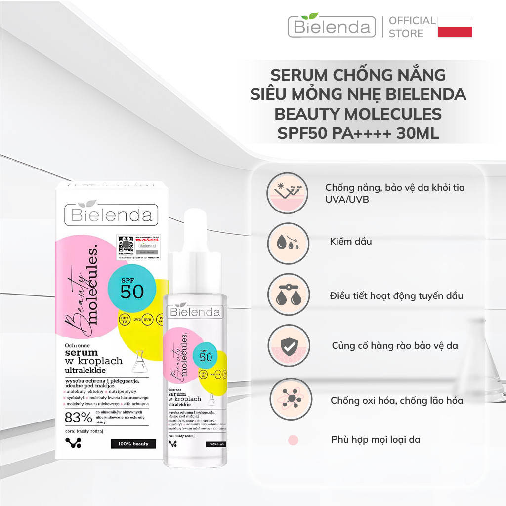 Serum chống nắng siêu mỏng nhẹ Bielenda Beauty Molecules SPF50 PA++++ nâng tone, dưỡng trắng da 30ml