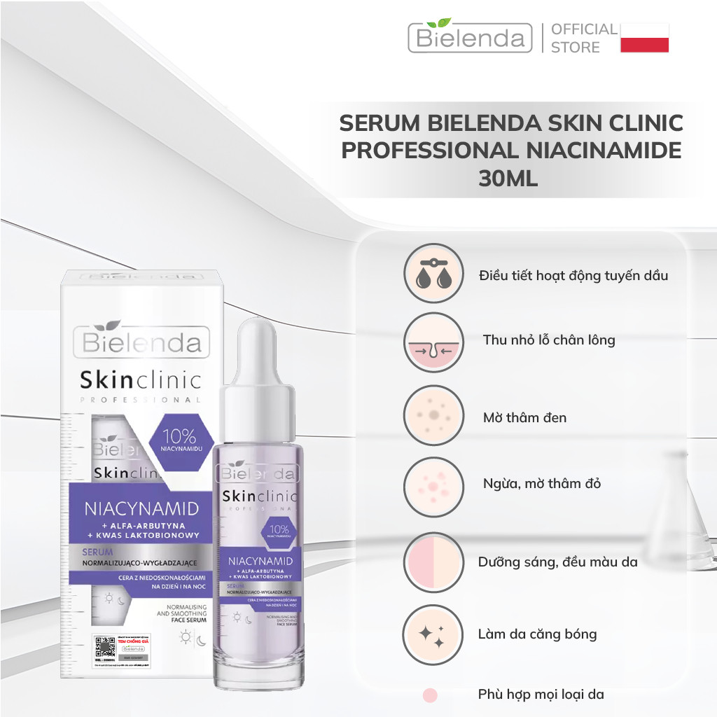 Serum Bielenda Skin Clinic Professional Niacinamide thu nhỏ lỗ chân lông, mờ thâm mụn và dưỡng sáng da 30ml
