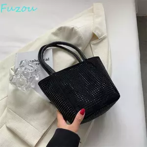 Túi đeo vai bằng kim cương giả sáng FUJIOU, Túi vuông lấp lánh PU thanh lịch, Túi lưu trữ dung lượng lớn thời trang Túi xách xô đen Tiệc