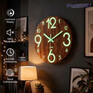 Đồng hồ treo tường WANYEDI, Đồng hồ treo tường phát sáng 8 Inch im lặng, Trang trí tường tối giản bằng gỗ Dễ đọc Đồng hồ treo tường thạch anh Nhà bếp