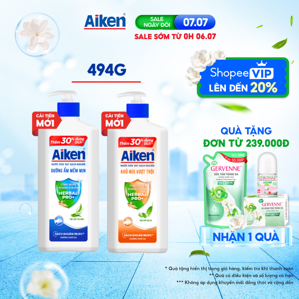 Nước rửa tay Aiken Sạch khuẩn Dưỡng ẩm / Khử mùi 494g