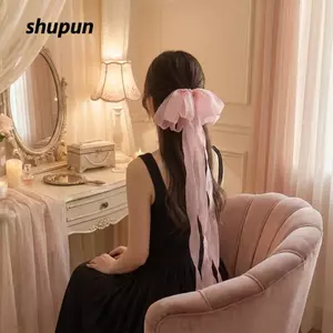 Kẹp Tóc Nơ SHUPUN, Vintage Quá Khổ Dài Barrette, Phụ Kiện Tóc Lưới Ruy Băng Lớp Khăn Cho Nữ