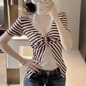 Áo thun ngắn tay sọc hai mảnh Pure Desire Style giả dành cho nữ mùa hè ren dây cổ chữ V Slim-Fit Slimm