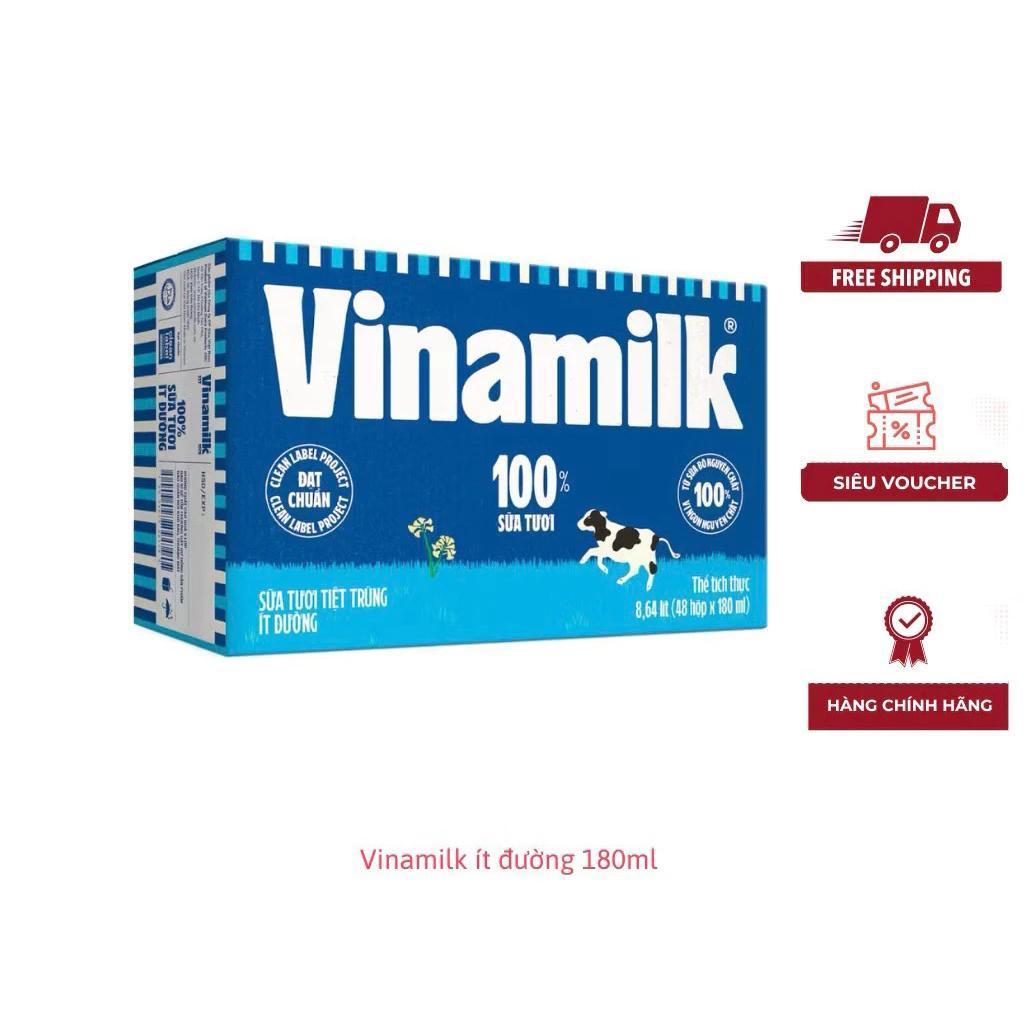 Thùng 48 hộp sữa tiệt trùng VINAMILK 100% Sữa Tươi ÍT ĐƯỜNG 180ml