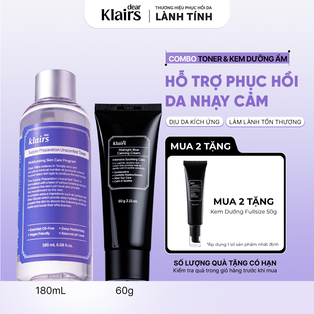 Combo Nước hoa hồng Dear, Klairs Supple Preparation Unscented Toner 180ml + Kem dưỡng Midnight Blue Calming 60g [FS]