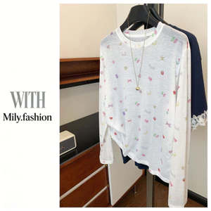 Milyfashion Trắng In Kem Chống Nắng Dài Tay Áo Thun Mùa Hè Mỏng Hơi Trong Suốt Rời Mỏng Hơn Nhìn Cổ Tròn Top Bên Ngoài Mặc VV0O