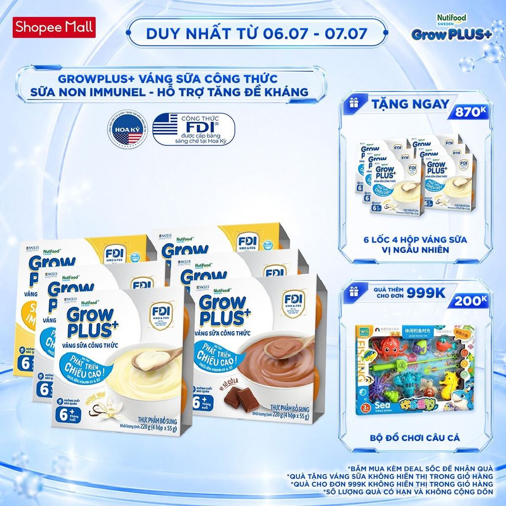 Combo 6 lốc GrowPLUS+ Váng sữa công thức Sữa non Immunel Hỗ trợ tăng đề kháng (55g x 24 hộp)