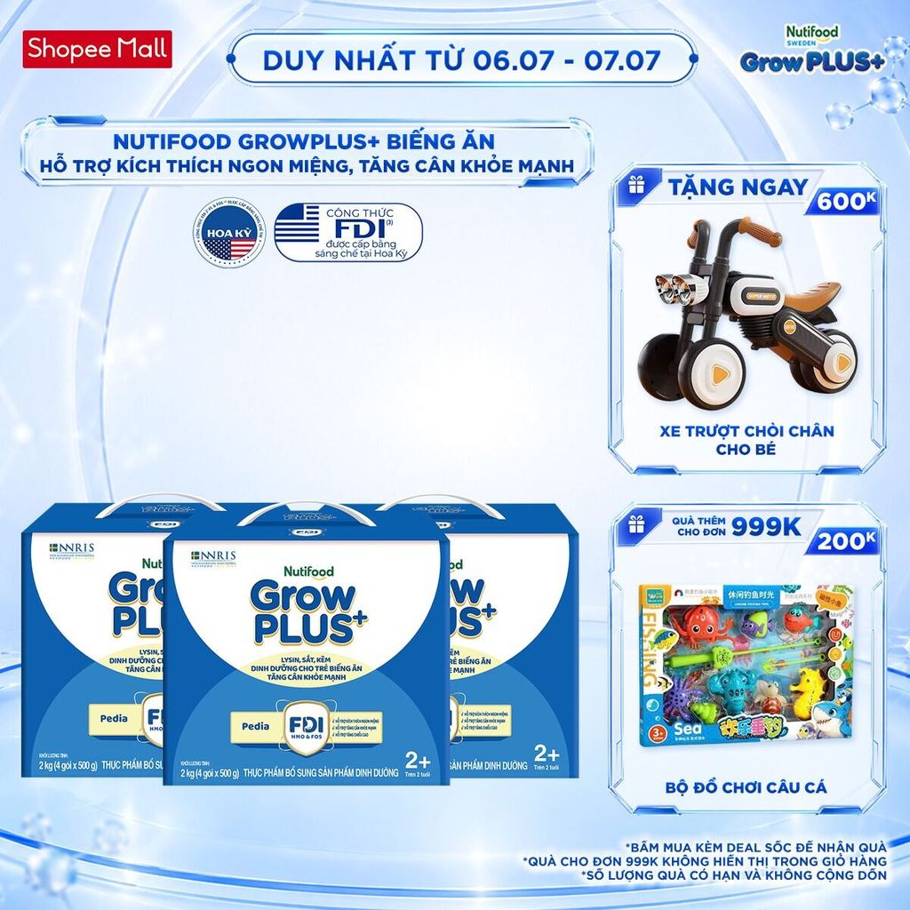 Combo 3 Sữa Bột Nutifood GrowPLUS+ Biếng Ăn (Xanh) 2+ - Tăng Cân Khỏe Mạnh (3 Hộp 2 Kg)