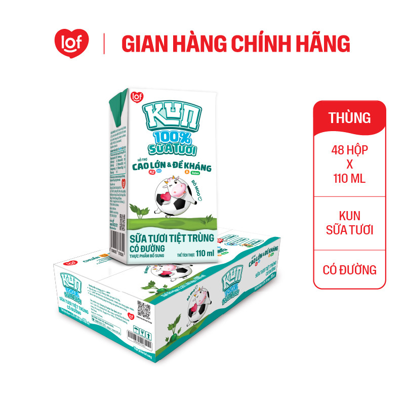 100% sữa tươi KUN có đường thùng 48 hộp x 110ml