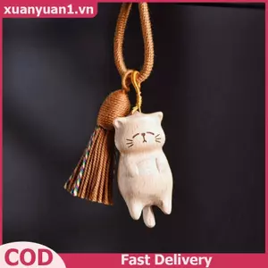 XUAN Retro Gỗ Mèo Móc Khóa Tay Khắc Dễ Thương Kitty Túi Mặt Dây Chuyền Trang Trí Móc Khóa Ô Tô Cho Nữ Cặp Đôi Trang Sức Thời Trang Phụ Kiện Quà Tặng VN