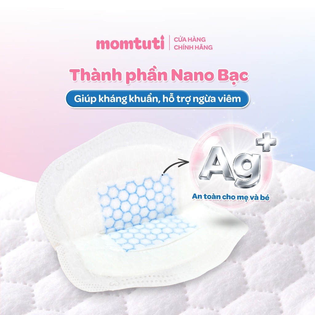 Miếng Lót Thấm Sữa Mỏng Nhẹ Thấm Hút Nhanh Momtuti Dành Cho Mẹ Bỉm Chống Tràn 360 độ (30 miếng/hộp)