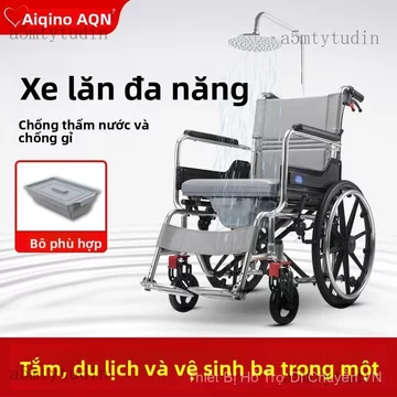 Xe lăn Xe lăn có thể gập lại có ghế ngồi, xe lăn tắm di động, xe đẩy rộng dành cho người già và người khuyết tật, xe hỗ