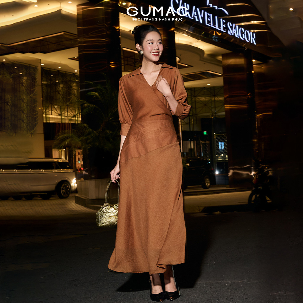 Đầm Nữ Dáng A Xòe GUMAC Tay Lỡ Chất Tơ Linen 2 Lớp Phối Eo Xếp Ly Không Túi DF12065