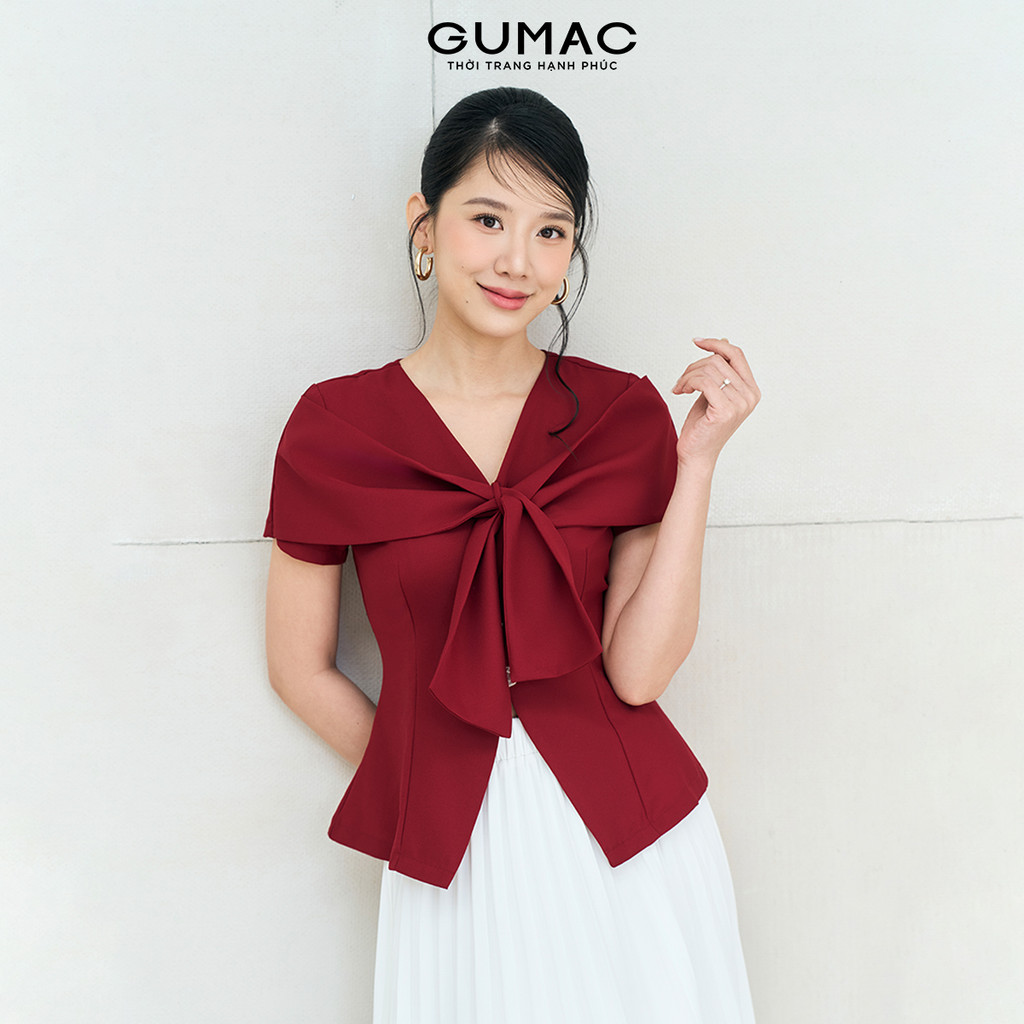 Áo Peplum Nữ GUMAC Form Ôm Eo Tay Ngắn Phối Cổ Nơ Cách Điệu Thanh Lịch AF12001