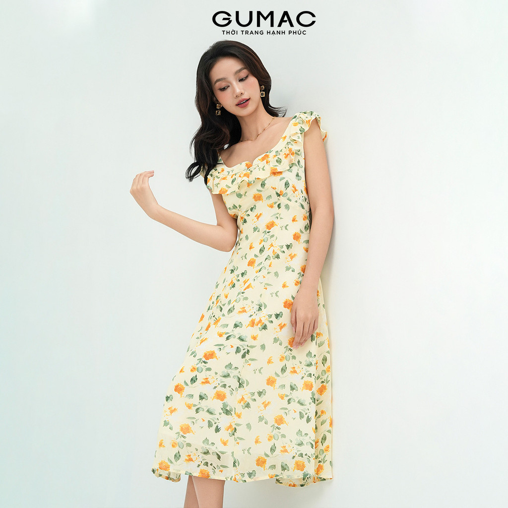 Đầm Nữ Dáng A Xòe GUMAC Viền Bèo Chất Voan Chiffon Mềm Trẻ Trung DE05034