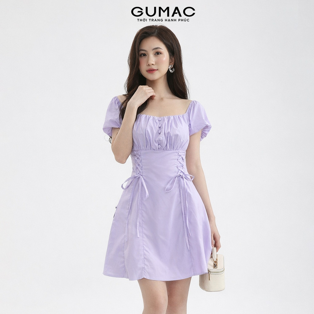 Đầm Nữ Form A Xòe Ngắn GMORNING - GUMAC Kiểu Trễ Vai Phối Thắt Dây Eo Tôn Dáng YDE12060