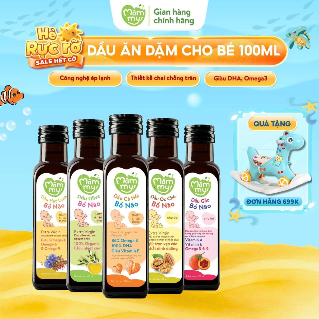 Dầu ăn dặm cho bé Mămmy 100ml bổ sung DHA, Omega 3 bé từ 6 tháng giúp phát triển não bộ, thông minh