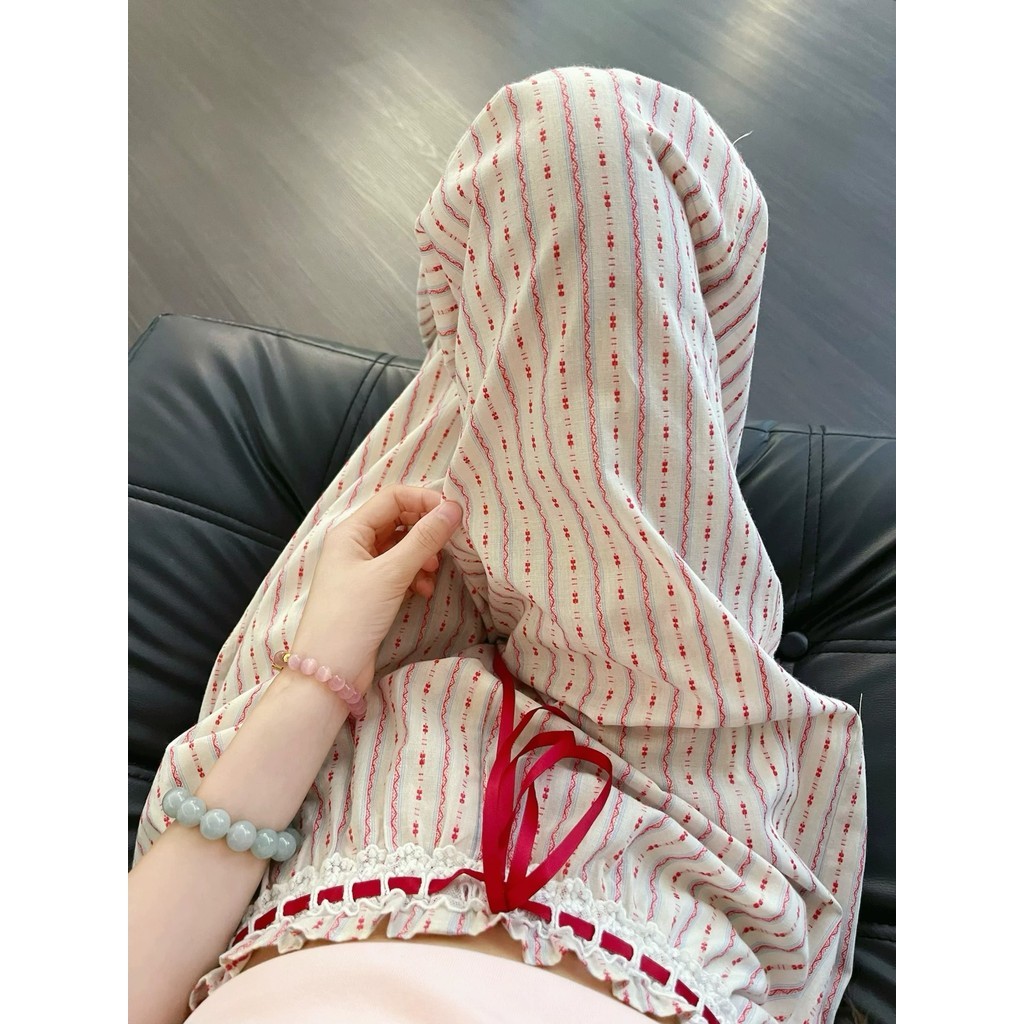 Phụ Nữ Ren Tương Phản Sọc Pyjama Quần Viral Phong Cách Hàn Quốc Nhà Lounge Quần Đồ Ngủ