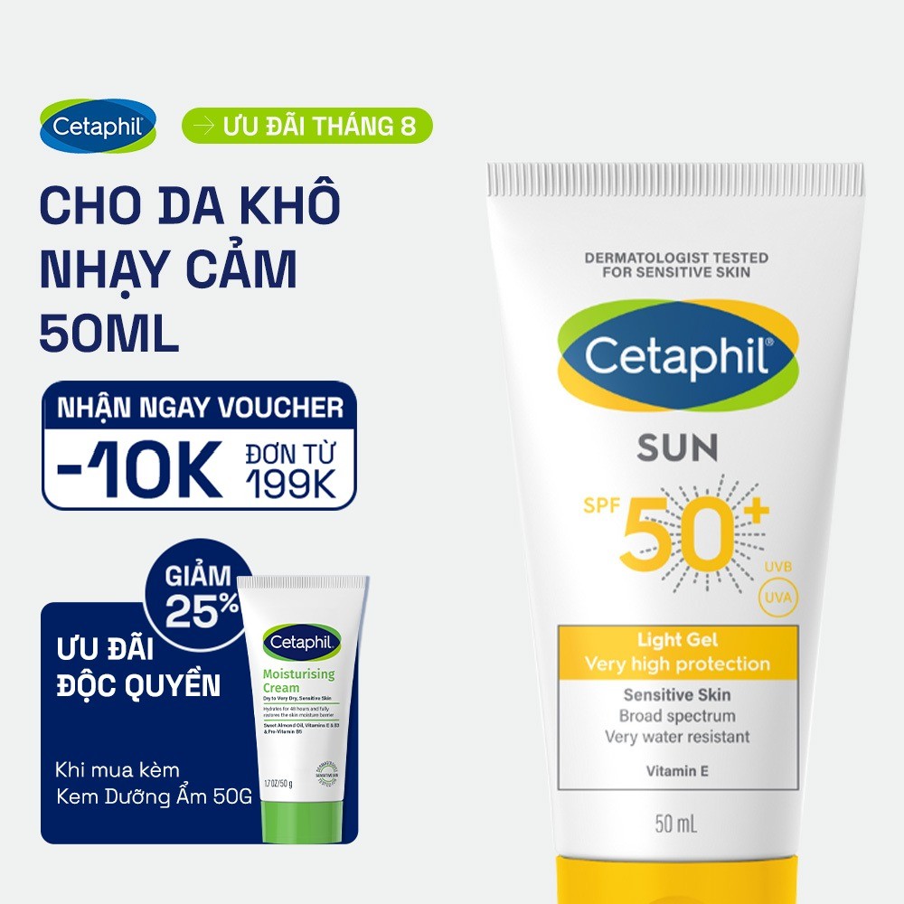 Gel chống nắng vật lý dưỡng ẩm 2in1 dịu lành cho da thiên khô nhạy cảm Cetaphil Sun SPF 50+ Light Gel 50ML