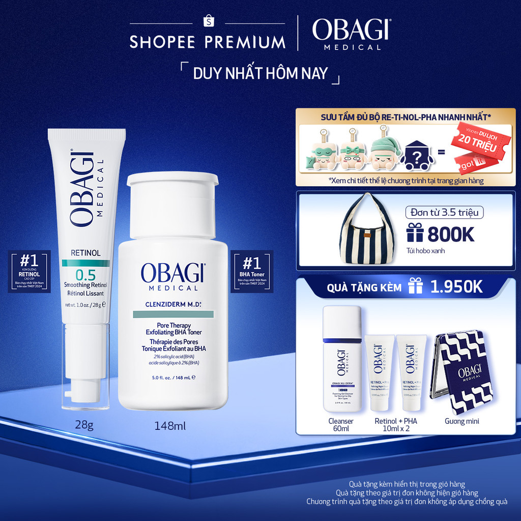Bộ đôi dưỡng da Dung dịch Obagi Clenziderm M.D BHA Toner 148ml và Kem Dưỡng Đêm Obagi Retinol 0.5 (28g)