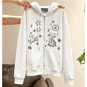 Áo Hoodie có khóa kéo quá khổ dành cho nữ Bộ xương thỏ mèo Graffiti in họa tiết dáng rộng dài tay có mũ trùm đầu Áo khoác dạo phố Áo nỉ thông thường Áo khoác ngoài