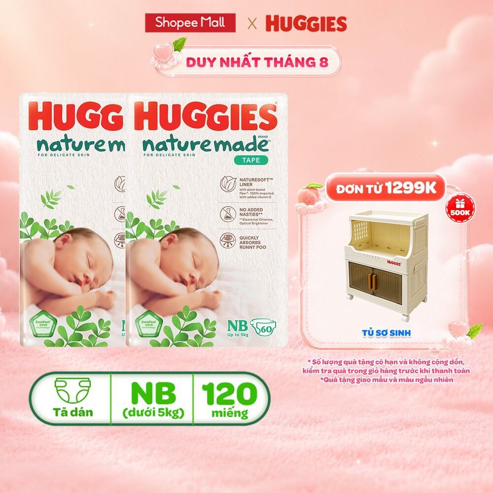 Tã/Bỉm dán sơ sinh Huggies NatureMade NB60 (dưới 5kg)/S82(4-8kg) /M64(6-11kg)/L54/XL44
