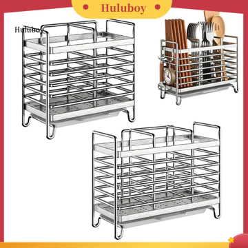 Huluboy| Giá phơi bát đĩa bằng thép không gỉ Dụng cụ thoát nước bằng kim loại bền Giá đỡ dụng cụ bằng thép không gỉ với 2 hoặc 3 ngăn – Chậu rửa nhà bếp chống rỉ Caddy Đũa thìa cho gia đình