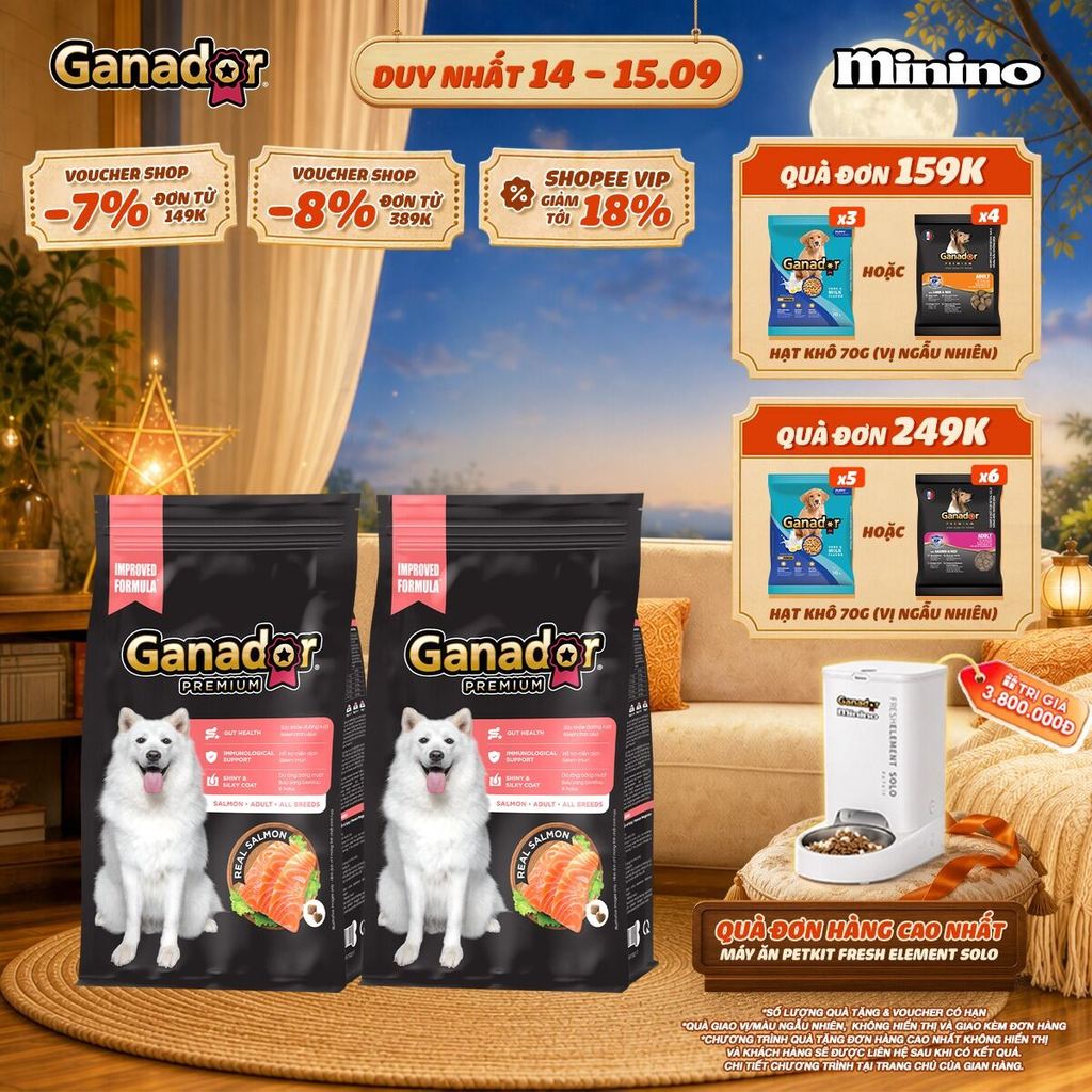 Combo 2 Thức ăn hạt Ganador Premium dành cho chó trưởng thành vị Cá hồi 3 kg (bao bì mới)
