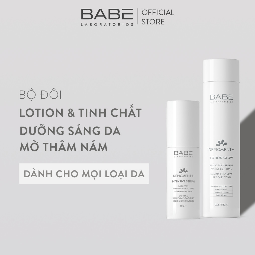 Bộ Đôi Dưỡng Sáng Da, Mờ Thâm Nám BABÉ Depigment+ Lotion Glow 150ml + Intensive Serum 30ml