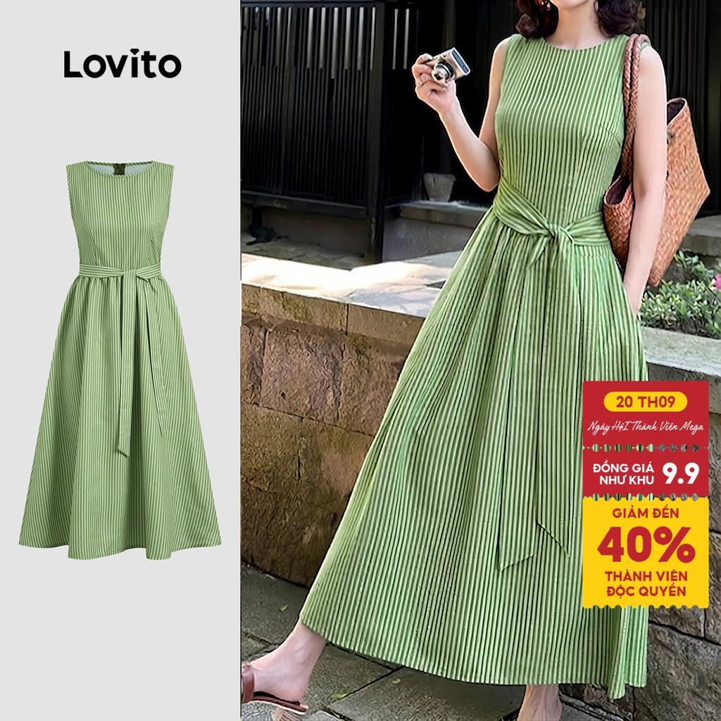 Lovito Đầm thanh lịch dáng rủ preppy mùa xuân/hè màu xanh lá cho nữ L198ED3244