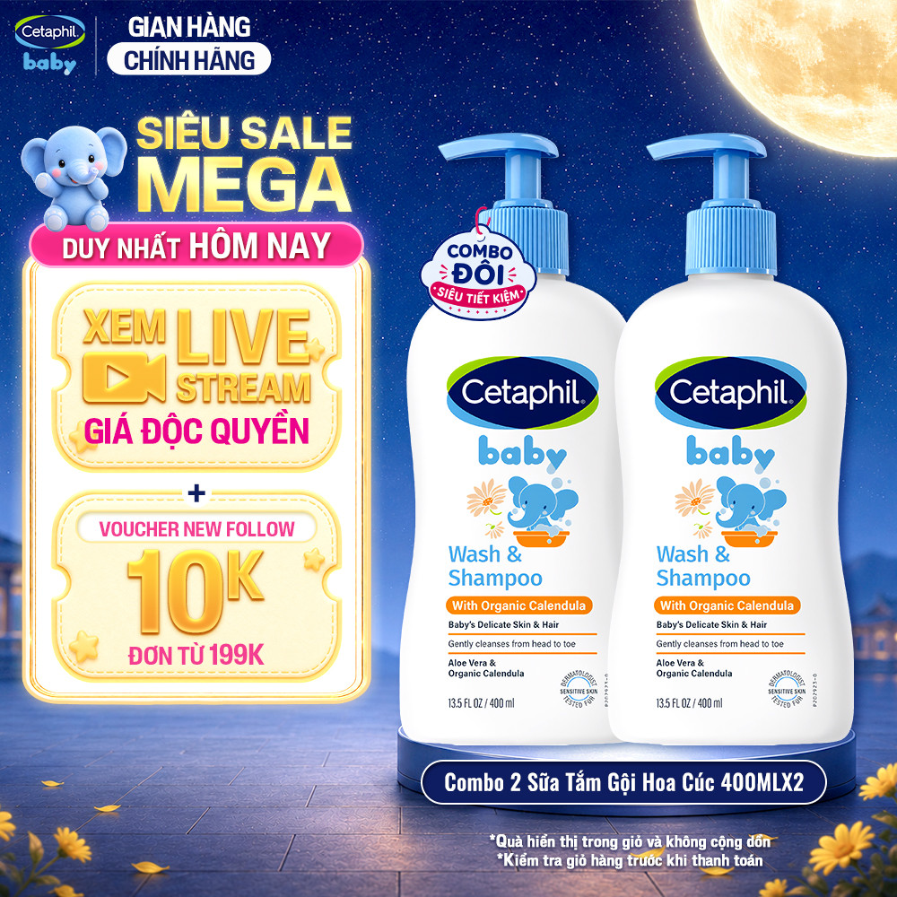 Combo 2 Sữa tắm gội dưỡng ẩm dịu lành cho bé Calendula hoa cúc hữu cơ CETAPHIL BABY W&SHAMPOO CALENDULA 400ML/chai