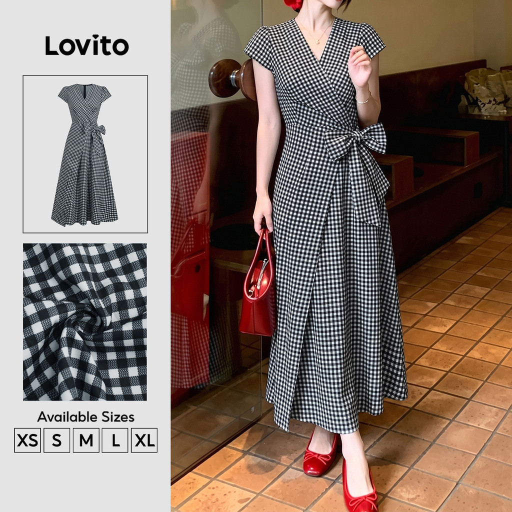 (New Arrival) Lovito Đầm Dài Dáng Suông Thanh Lịch Họa Tiết Kẻ Caro Buộc Dây Màu Đen Trắng Kiểu Dáng Retro Thập Niên 90 Thích Hợp Cho Mùa Xuân Hè Và Công Sở DRB201P1D761