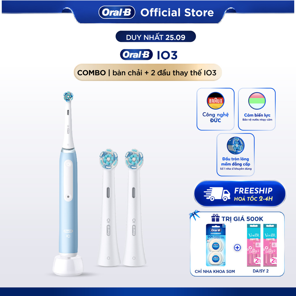 Combo Bàn Chải Điện Oral B Chính Hãng IO3 Và 2 Đầu Thay Thế Làm Sạch Sâu Từng Kẽ Răng,Công Nghệ Chuyển Động 360 Độ