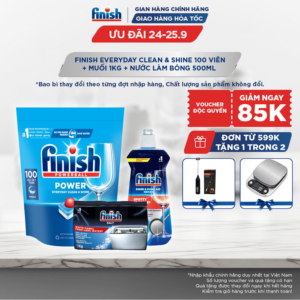 Combo Finish siêu cấp: Everyday Shine & Clean 100v + Nước Làm Bóng Finish 500ml + Muối Rửa Chén Finish Salt túi 1kg