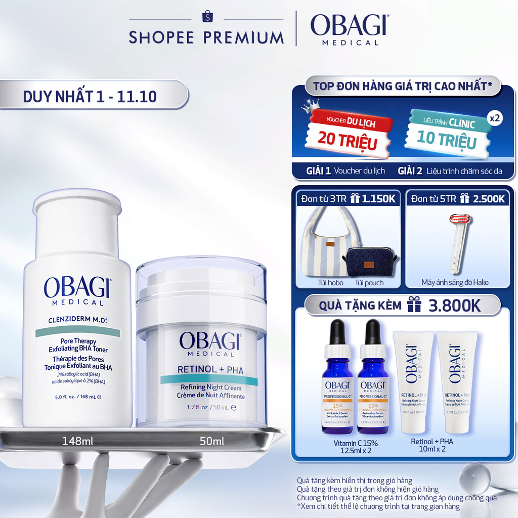[Voucher SVIP 18%] Bộ đôi Kem Dưỡng Đêm Obagi Retinol + PHA 50ml và Toner Obagi Clenziderm M.D. Exfoliating 2% BHA 148ml
