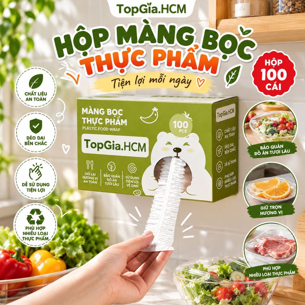 Hộp bọc thực phẩm treo tường TopGia, chất liệu PE an toàn, tiện lợi, có chun co dãn dễ sử dụng.
