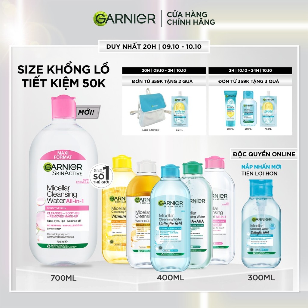 [CÓ SIZE MỚI] Nước Tẩy Trang làm sạch sâu dịu nhẹ cho mọi loại da - Garnier Micellar Cleansing Water 400ml & 700ml