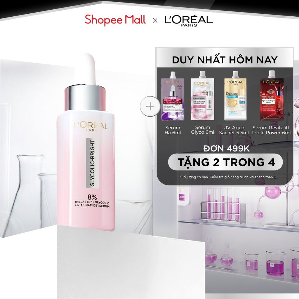 Serum Glycolic Melasyl 8% [Melasyl+Glycolic+Niacinamide] dưỡng sáng da, mờ thâm mụn & nám Loreal Paris 30ml