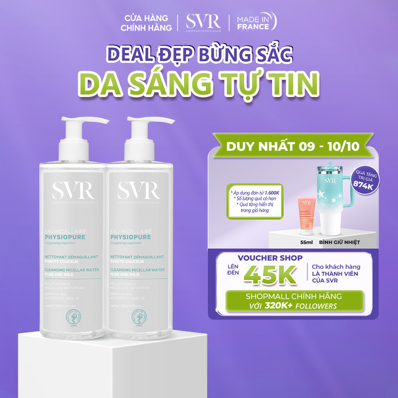 [ĐƠN 1TR6 TẶNG QUÀ] Bộ đôi Nước tẩy trang cho da nhạy cảm SVR Physiopure Eau Micellaire 400ML (CBG22)