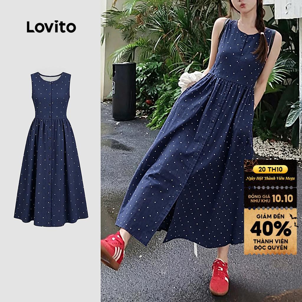 Đầm Lovito phong cách thường ngày có nút mùa xuân/hè màu xanh navy cho nữ DRK8TD122