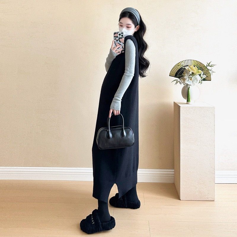 Bộ đồ bà bầu Áo len mùa thu đông Váy dệt kim dài đầu gối