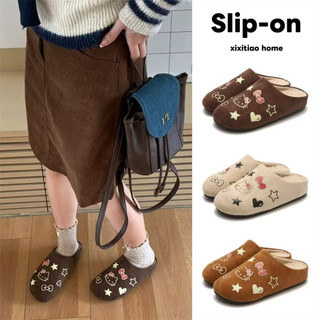 XIXITIAO giày Birken cổ lười cho nữ, đế bọc lông giữ ấm, kiểu mới mùa đông dễ thương Hello Kitty