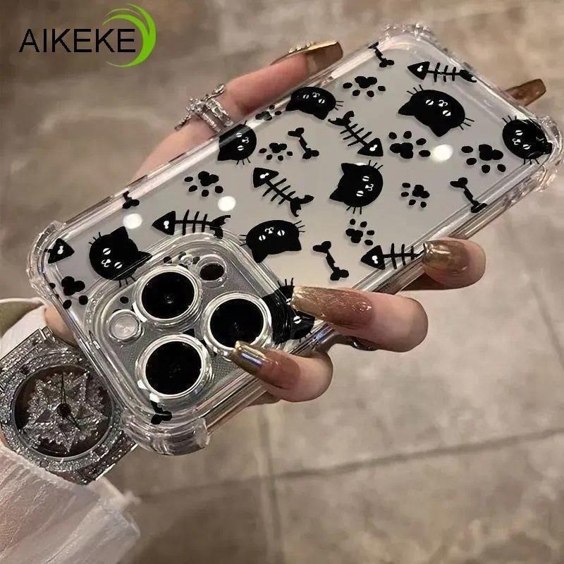 Ốp Điện Thoại Bốn Góc Xương Cá Vui Nhộn Cho Google Pixel 10 Pro XL 9A 9 Pro XL 8A 8 7 Pro 7A 6 Pro 6A 5 5A 4 XL 4A 3 3A XL 4G 5G Phim Hoạt Hình Mèo Chống Sốc Trong Suốt Mềm Mại Vỏ