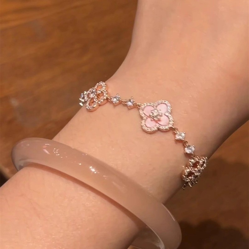 Vòng tay cỏ bốn lá rỗng zirconia thời trang Hàn Quốc nữ màu bạc quà tặng sinh nhật sinh viên