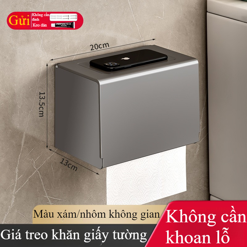 Hộp đựng giấy vệ sinh, dán tường, chất liệu Nhôm hàng không cao cấp, chịu tải 15kg, không gỉ, set không khoan tường