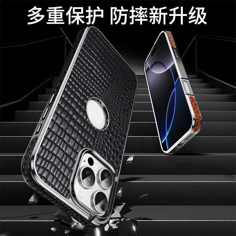 Ốp điện thoại da bò chính hãng cho 16 Pro Max 17 Air 15 14 Vỏ sạc họa tiết cá sấu mạ điện