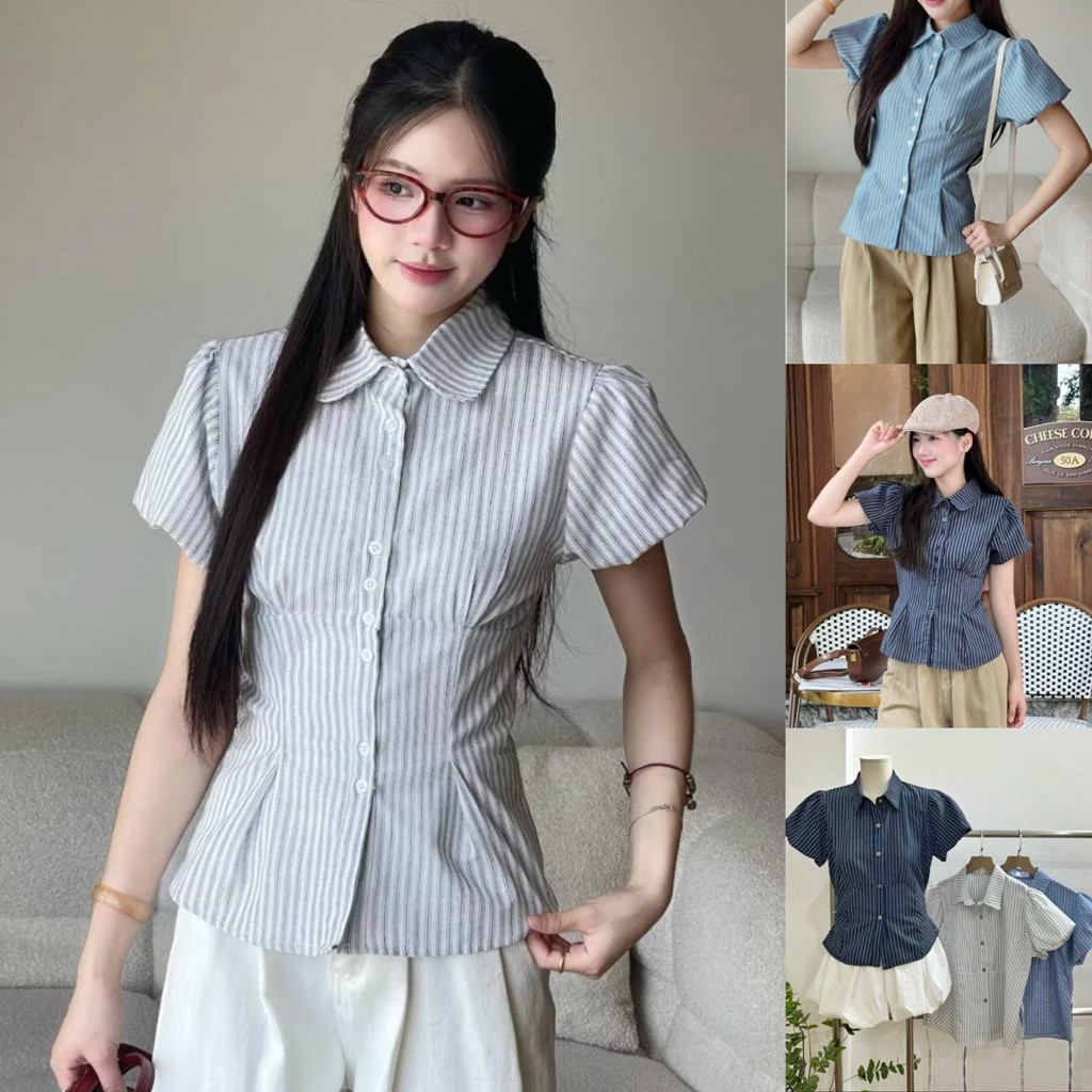 ÁO SƠ MI KẺ SỌC TAY PHỒNG CỘT EO DỄ MẶC PHONG CÁCH HÀN QUỐC DẠO PHỐ SMS400