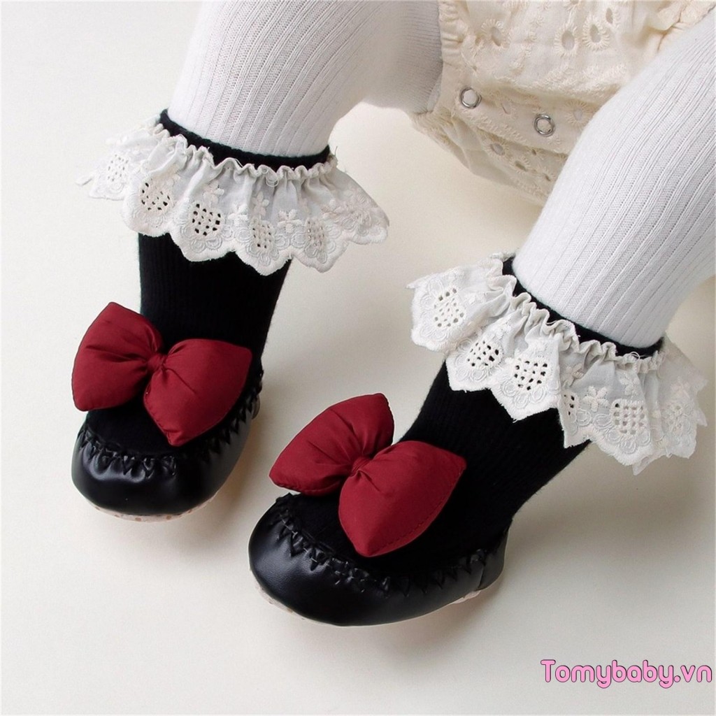 Giày Dệt Kim Cho Bé Nơ Dễ Thương Ren Trang Trí Đế Mềm Đầu Tiên Đi Bộ Thoải Mái Trong Nhà Booties